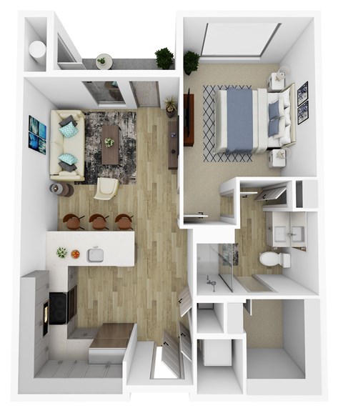 Floor plan for 1 bed, 1 bath, 684 sqft